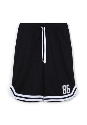 Czarne spodenki sportowe z siateczkowego materiału, z białym sznurkiem, białymi paskami po bokach oraz nadrukowanym białym numerem "86".
