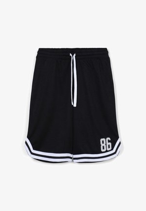 Pantaloni sportivi neri realizzati in tessuto a rete, con un laccio bianco, strisce laterali bianche e il numero "86" stampato in bianco.
