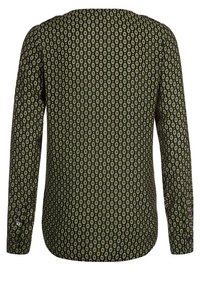 Camicia a maniche lunghe verde oliva con motivo ovale ripetuto in viola e beige, con polsini abbottonati, vista da dietro.