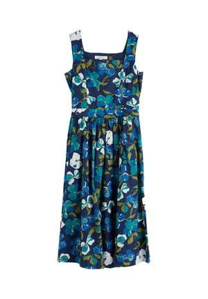 Abito floreale con scollo quadrato, realizzato in tessuto blu navy con motivi floreali bianchi e verdi, gonna plissettata e design senza maniche.