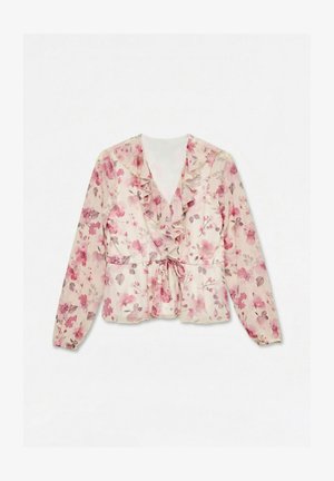 Light pink floral blouse with long sleeves, ruffled V-neckline, and waist tie on a white background.