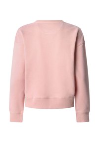 Sudadera rosa con cuello redondo, puños y dobladillo acanalados, y un ajuste relajado. Tejido suave con textura lisa y sin patrones visibles.