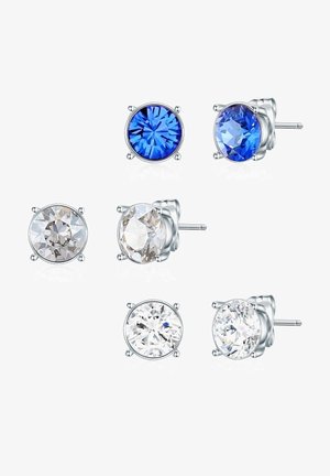 Šest pari naušnica sa šupljim kamenjem u plavoj, prozirnoj, svijetlo sivoj i bijeloj boji, postavljenih u metal s srebrnim tonom s postavom zupčanika.