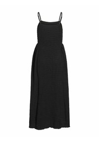 Robe midi noire texturée sans manches avec fines bretelles et corsage ajusté s'étendant sur une jupe légèrement évasée.