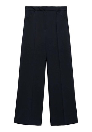 Bredde ben bukser i mørk navy, med høj talje, to forlommer og subtile plisseringer for facon. Glat stof med en blød tekstur.