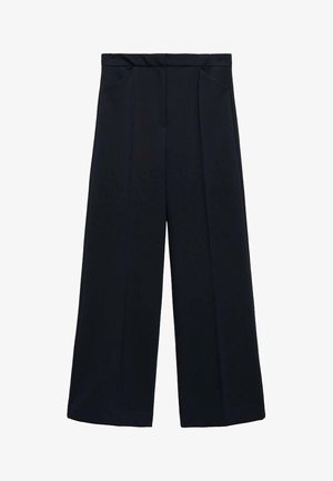 Bredde ben bukser i mørk navy, med høj talje, to forlommer og subtile plisseringer for facon. Glat stof med en blød tekstur.