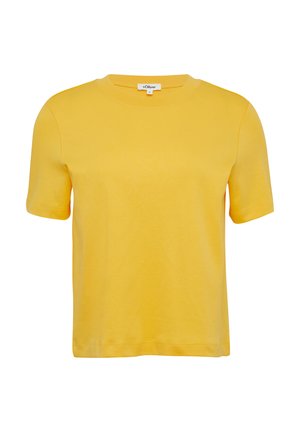 Gelbes Baumwoll-T-Shirt mit Rundhalsausschnitt und kurzen Ärmeln. Glatte Textur ohne sichtbare Muster oder Akzente, einheitliche Farbe.