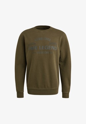 Sweatshirt en coton vert avec un col rond, des poignets et un ourlet côtelés, arborant du texte imprimé de tailles variées sur la poitrine.