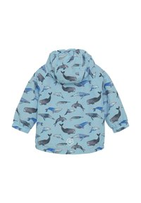 Barnens vattentäta jacka, blå med valmönster, med huva, elastiska ärmslut, lätt material med en slät textur.