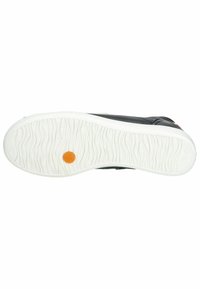 Suela negra de zapatilla con una suela de goma blanca. Presenta un patrón de olas texturizado y un punto central de color naranja. Sin logotipos ni marcas visibles.