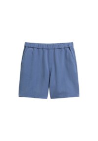 Blauwe shorts van een gestructureerde stof met een elastische tailleband. Voorzien van twee zijzakken en een recht gesneden ontwerp. Eenvoudig ontwerp zonder patronen.