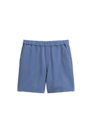 Shorts bleus en tissu texturé avec une taille élastique. Comprend deux poches latérales et une coupe droite. Design simple sans motifs.