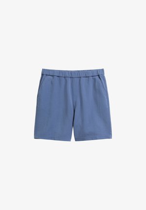 Shorts bleus en tissu texturé avec une taille élastique. Comprend deux poches latérales et une coupe droite. Design simple sans motifs.