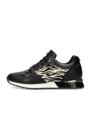 Schwarze Sneaker mit einem Obermaterial aus Leder und Zebra-Print-Stoff, Schnürverschluss, strukturierten Akzenten und einer Gummisohle mit einem leichten Absatz.