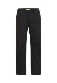 Pantalon droit noir pour homme avec fermeture à bouton et glissière, passants pour ceinture et poches avant sur fond blanc.