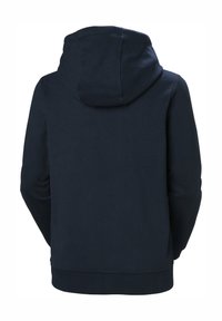 Námořnická modrá mikina vyrobená z měkkého materiálu, s kapucí na šňůrku, dlouhými rukávy a pasem s ribovanou strukturou.