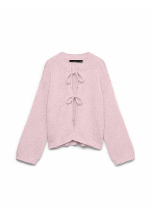 Cardigan en maille violet clair à manches longues, col rond, avec deux nœuds à nouer à l'avant, présenté sur un fond blanc.