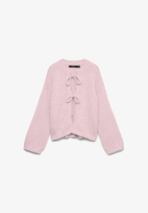 Cardigan en maille violet clair à manches longues, col rond, avec deux nœuds à nouer à l'avant, présenté sur un fond blanc.