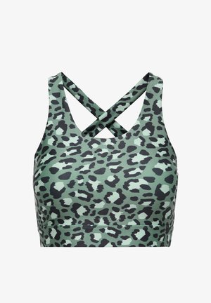 Žalias sportinis liemenėlė su juodu leopardų raštu ir kryžminėmis petnešėlėmis ant nugaros, skirtas aktyviam dėvėjimui.