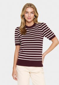 Short-sleeve maroon sweater featuring white horizontal stripes, ribbed crew neckline, and textured puff sleeve detailing.