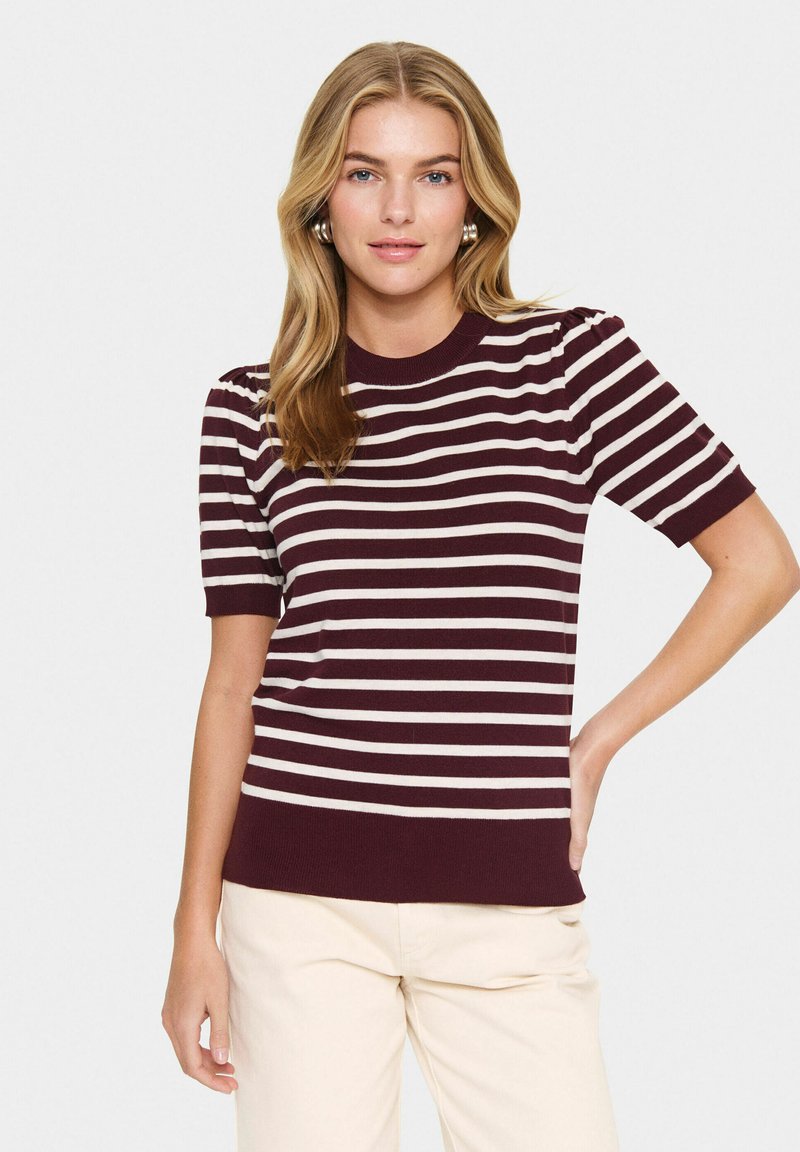 Short-sleeve maroon sweater featuring white horizontal stripes, ribbed crew neckline, and textured puff sleeve detailing.