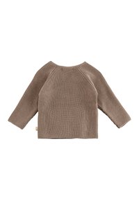 Beiger, gestrickter Pullover mit langen Raglanärmeln, einem runden Halsausschnitt und einem geraden Saum. Verfügt über einen strukturierten Stoff und ein kleines Etikett am Saum.