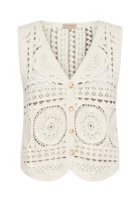 Lace-strick Weste in Creme mit V-Ausschnitt, fünf Knopfverschlüssen, kreisförmigen Mustern und filigranen Durchbrüchen im gesamten Design.