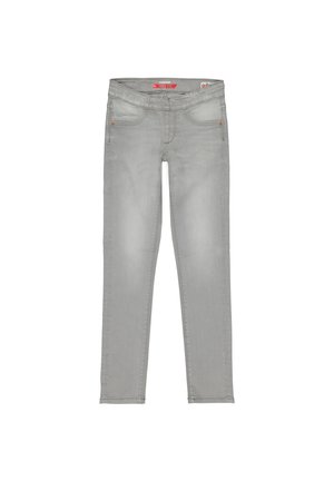 Szare dżinsy z denimu o wąskim kroju, z pięcioma kieszeniami, lekko sprane, z miedzianymi elementami ozdobnymi przy kieszeniach.