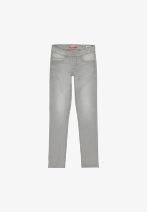 Grijze denim jeans met een slanke pasvorm, ontwerp met vijf zakken, licht vervaagd materiaal en koperen accenten bij de zakken.
