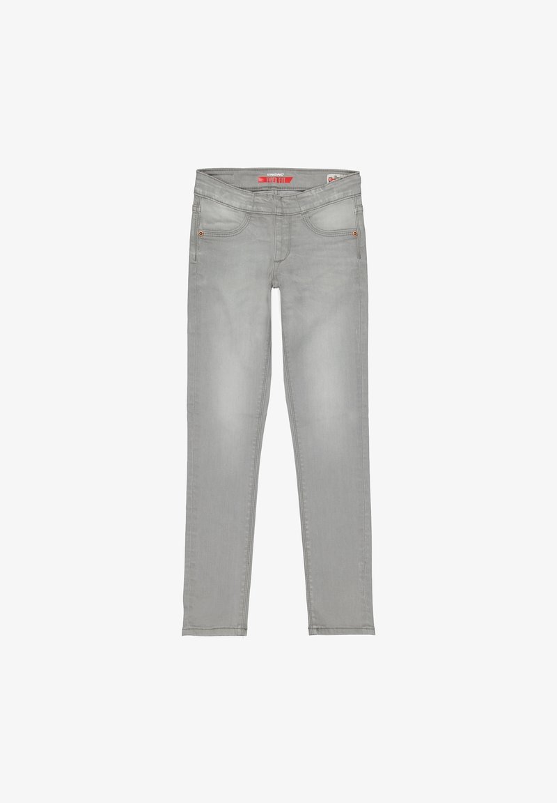 Jean en denim gris coupe slim, design à cinq poches, matière légèrement délavée et accents de quincaillerie couleur cuivre aux poches.