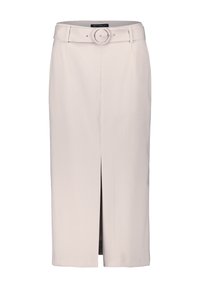 Beige Midi-Rock mit Schlitz vorne, tailliert mit einem Gürtel und runder Schnalle, maßgeschneiderte Form und glatter Stoffstruktur.