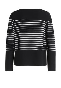 Gestreifter Pullover in Schwarz und Weiß, mit langen Ärmeln, Rundhalsausschnitt und lockerer Passform. Aus einem gestrickten Stoff mit glatter Textur gefertigt.