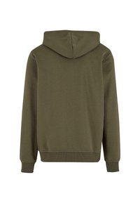 Olive green hoodie with a soft texture, featuring a drawstring hood, long sleeves, and ribbed cuffs and hem. Back view only.