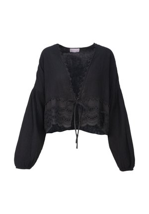 Schwarzes Cropped-Top mit tiefem V-Ausschnitt, gerafften langen Ärmeln und Spitzenverzierungen am Saum. Verfügt über eine Bindeschließe vorne.