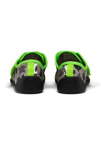 Gray camouflage shoes with bright green accents. Soft upper material and black rubber sole. Velcro strap for secure fit. Logo on heel.