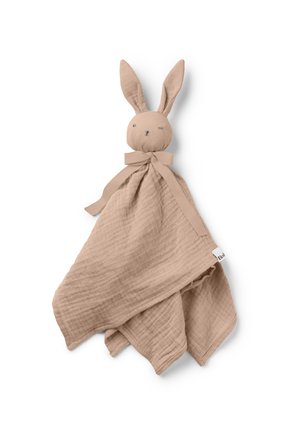 Blød beige babykomforter med et kaninhoved, lange ører, broderede øjne og en bundet sløjfe rundt om halsen på hvid baggrund.