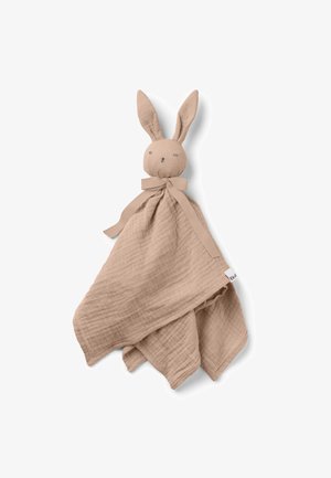 Blød beige babykomforter med et kaninhoved, lange ører, broderede øjne og en bundet sløjfe rundt om halsen på hvid baggrund.
