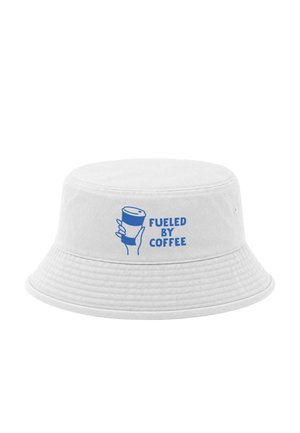 White bucket hat with blue graphic of hand holding coffee cup and text "FUELED BY COFFEE" on the front.