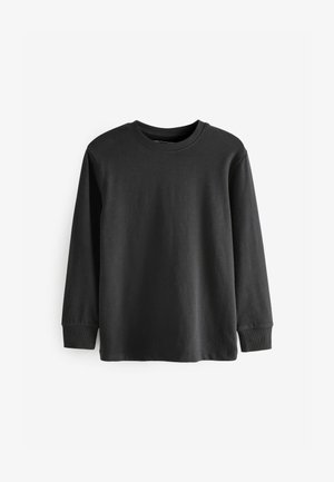 Schwarzes Langarm-T-Shirt aus Baumwolle, mit rundem Halsausschnitt, gerippten Bündchen und glatter Textur, ohne Muster oder Logos.