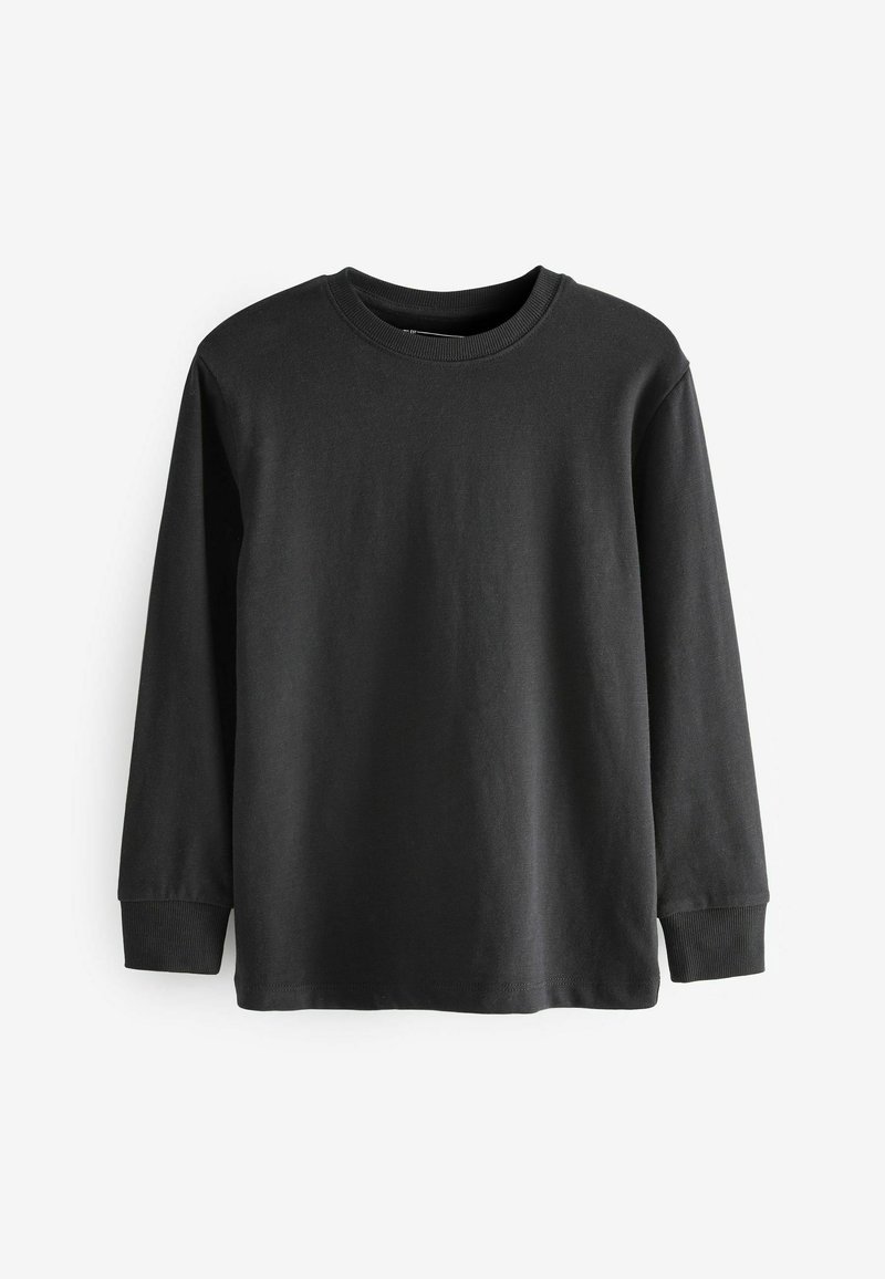 Schwarzes Langarm-T-Shirt aus Baumwolle, mit rundem Halsausschnitt, gerippten Bündchen und glatter Textur, ohne Muster oder Logos.