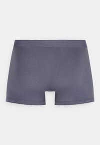 Gray cotton blend boxer shorts with a smooth waistband and a fitted design. Features a mid-thigh length and seamless stitching.