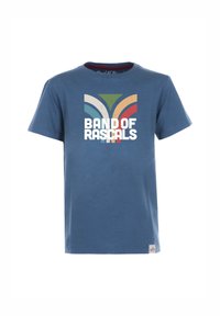 Sininen puuvillainen t-paita, jossa on graafinen printti, jossa lukee "BAND OF RASCALS" valkoisella. Printtiä täydentävät moniväriset suunnitteluelementit.