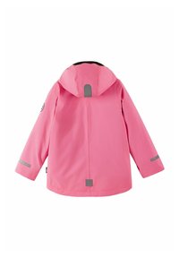 Giacca per bambini di colore rosa brillante, con cappuccio, dettagli riflettenti sulle maniche e una texture liscia. Vista posteriore mostrata.