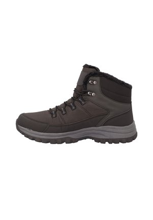 Bota de senderismo de invierno negra con suela gruesa, ojetes metálicos y cuello acolchado en el tobillo forrado con piel negra.