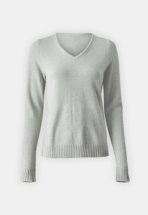 Suéter cinza claro em V, com mangas longas, punhos e bainha ribateados. Feito de um material suave e texturizado com um acabamento liso.