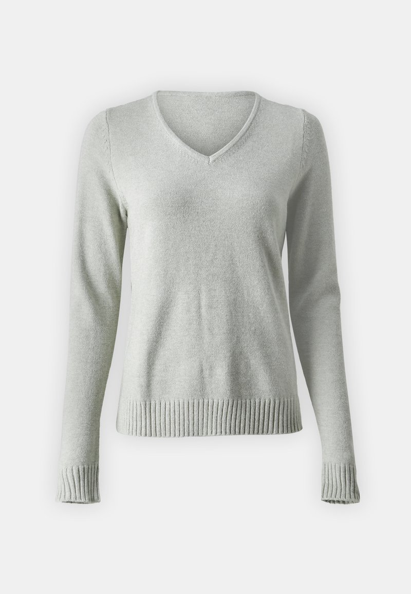 Pull V à col en V gris clair avec des manches longues, des poignets et un ourlet à côtes. Fabriqué en matériau doux et texturé avec une finition lisse.