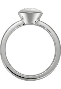 Anello di fidanzamento in oro bianco con diamante a taglio rotondo incastonato in una montatura a sei griffes, banda liscia, finitura lucida e design pulito.