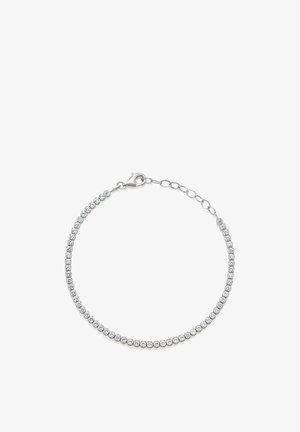 Silver tennis bracelet with a lobster clasp and adjustable chain, featuring a line of round clear gemstones.