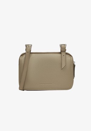 Beige leather crossbody bag with a textured surface, zip closure, adjustable strap, and silver-tone hardware. Measures approximately 24cm x 16cm.