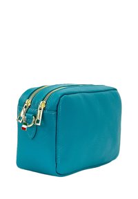 Teal leren kosmetica tas met gouden ritsen en haakaccenten, rechthoekige vorm, gladde textuur, met een detail van de Italiaanse vlag.